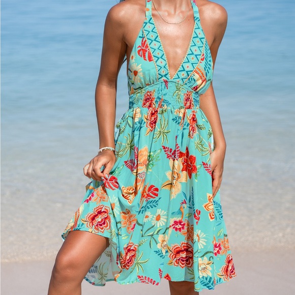 NWT CUPSHE Tropical Floral Plunging Halter Midi Dress - Picture 1 of 4